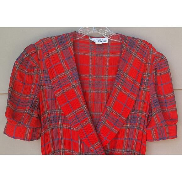 Vintage Jackie Bernard Eklektic Red Plaid Crepe Pleats Midi Dress Sailor Size 4 - Picture 3 of 13